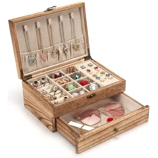 pinzoveco Schmuckkästchen für Frauen, rustikale Holz-Schmuck-Organizer-Box zur Aufbewahrung von Ohrringen, Ringen, Halsketten, Bauernhaus-Stil, Holz-Schmuckboxen und Organizer (Fackelholzfarbe)