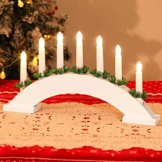 Lewondr Kerzenleuchter Weihnachten, Flammenlos 7 Kerzenlichter, Dekorativ LED Bogen Weihnachten Holz Weihnachtslichter Fensterbank, USB-betrieben Kerzenbrücke Schwibbogen für Advent Innen, Weiß