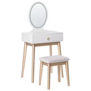 BELIANI Schminktisch Weiß und Gold MDF-Platte mit Holzbeinen Ovalem LED-Spiegel 3 Schubladen Hocker Glamour für Erwachsene Schlafzimmer Jugendzimmer - Weiß, Gold, Beige