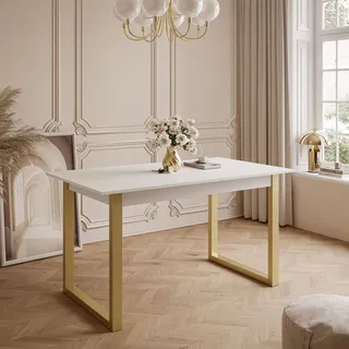 lookway Arton Gold II 140 cm ausklappbarer Tisch Weiß- Metallbeine U - Weiß