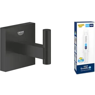 Grohe Start Cube - Bademantelhaken- Set (Material: Metall, inkl. QuickGlue A1: Klebeset für einen Klebepunkt, verdeckte Befestigung), matt schwarz, 409612430