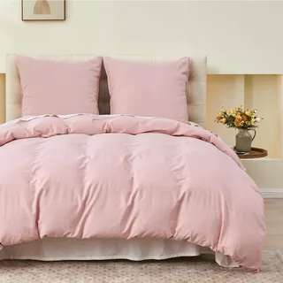 Simple&Opulence Halbleinen Bettwäsche 135x200, Atmungsaktiver Bettbezug Set aus Baumwolle und Leinen mit 80x80 cm Kissenbezug,Oeko-TEX Sommerbettwäsche,Rosa