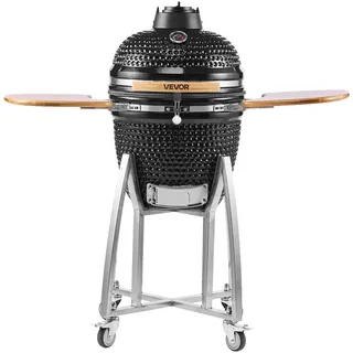 VEVOR Kamado Grill, Keramikgrill, Smoker Ø 450 mm, mit Holzgriffen, Seitenablagen, Metallstand mit Rollen & Thermometer bis 400°C, oberer & unterer Luftstrom, für BBQ, Grillen, Kochen & Backen Outdoor