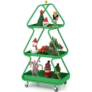 COSTWAY 3-stufiger Servierwagen, Rollwagen in Weihnachtsbaum-from, Küchenwagen mit Stern & Rollen, Küchenregal für Weihnachten 50x31,5x102cm Grün - Grün