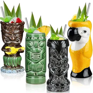 Tiki-Gläser für Cocktails, Tiki-Tassen, Set mit 4 Keramik-Tassen, tropische Tassen, Hawaii-Tiki-Party, kreatives Cocktailglas, Getränke, große Bar-Getränke, süßes Bargeschirr, 4 Packungen Geschenk