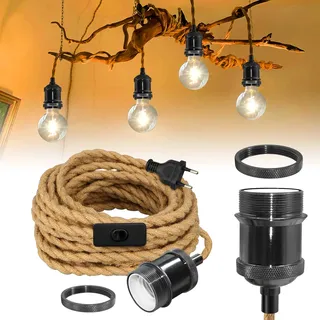 Retro Messing Hängelampe mit Stecker, 5.1M Perlenschwarz Hanfseil Hängeleuchte, Vintage Pendelleuchte Kit mit Schalter und Stecker, Industrial Lampe, E27 Fassung, für Studio, Max.60W, Ohne GlüHbirne