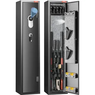 VEVOR Gewehrschrank Langwaffenschrank für 5 Gewehre, Gewehrtresor mit herausnehmbaren Regalen & 2 Pistolenbeutel, Großer Waffenschrank mit Schlüssel & Fingerabdruckschloss & Dula-Alarmsystem