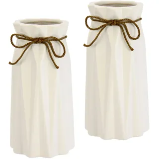 I.GE.A. »Dekovase« mit Riffelungen und Schleife Keramik Dekovase Einzelblumen Trockenblumen Zylindervase weiß matt geriffelt Vasen, für Tischdeko Tischvase Dekoration Trockenblume Pampasgras