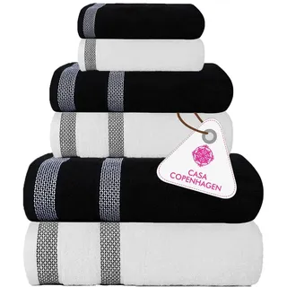 Casa Copenhagen Solitaire Mix 6-teiliges Handtuchset - Schwarz + Weiß, 600 g/m2, 2 Badetücher, 2 Handtücher, 2 Waschlappen aus weicher ägyptischer Baumwolle für Badezimmer, Küche und Dusche