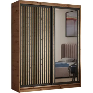 Kleiderschrank Donatello 120 cm, Schrank mit Schiebetüren und Lamellen, Eiche Artisan + Schwarz - Bronze, Schwarz