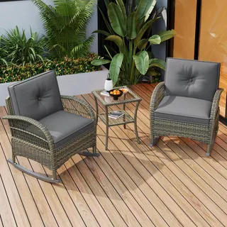 STILVORA Gartenset 3-teilig Garten Lounge Set,Balkonstühle mit grauen Kissen,Sitzgruppe Rattan Balkon-Set aus Akazienplatte,Grau - Grau
