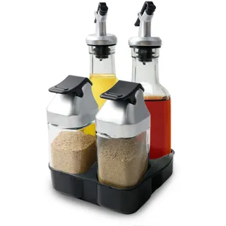 Glas-Salz und Pfefferstreuer Set, Essig und Ölflaschen mit Ausgießer, 2-in-1 Salzstreuer mit Deckel, Gewürzdose mit Streulöchern, Menage Set für Essig & Öl, Glasmenage für Küche, Grill und Kochzubehör