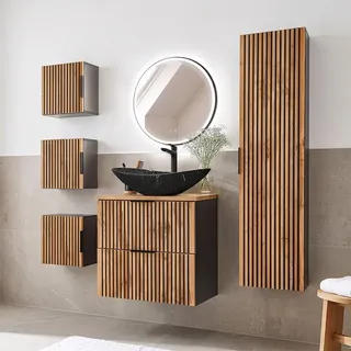 Badezimmer Komplett Set schwarz gerillt Waschtisch mit Waschbecken schwarz matt marmoriert XANTEN-56 in anthrazit mit Eiche Nb., B/H/T: 162/200/46,5 cm - Braun
