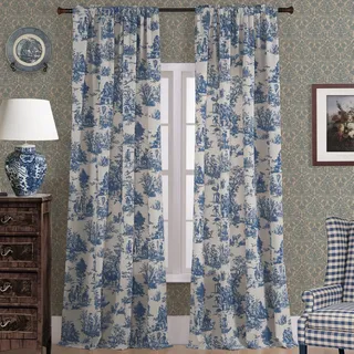 XTMYI Blaue Toile-Fenstervorhänge, für Wohnzimmer, 213 cm Länge, 2 Paneele, durchscheinend, Baumwolle, französisches Landhaus-Blumenmuster, Vintage, viktorianisch, halbverdunkelnd, für Schlafzimmer