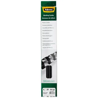 Fellowes Binderücken für Plastikbindung, 6 mm Durchmesser, 21 Ringe, für A4 Dokumente, schwarz, Packung mit 25 Stück