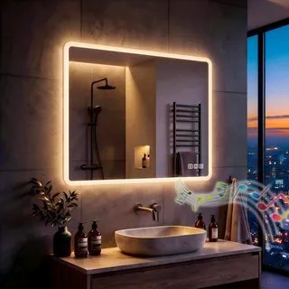 MIQU Badspiegel LED 100 x 60 cm Badezimmerspiegel mit Beleuchtung Groß Spiegel mit Licht Touch dimmbar Rechteckig Wandspiegel mit Bluetooth + Steckdose +Beschlagfrei + 3 Lichtfarben
