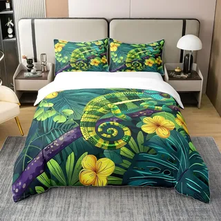 Chameleon 100% Natürliche Baumwolle Bettbezug 135x200,Zweig Blatt Tröster Bezug,Blume Tropische Wildlife Bettwäsche Set,Dschungel Safari Tier Bett Set,Blau Gelb Grün