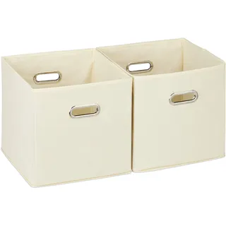 Relaxdays Aufbewahrungsbox 2er Set, Regalkorb ohne Deckel, mit Griff, faltbar, Stoffbox quadratisch, 30 cm, beige,