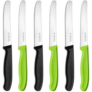 targzier Tafelmesser Set 6 Stück, Edelstahl Messerset,6er Pack Brötchenmesser,Frühstücksmesser mit Wellenschliff,Bunte Tomatenmesser,Scharfe Messer für Brotzeit,22 cm,Schwarz und Grün