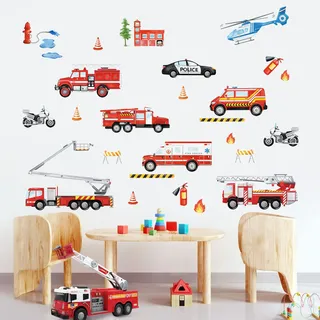 wondever Wandtattoo Feuerwehrauto Wandaufkleber Feuerwehr Polizei Transporte Fahrzeug Wandsticker Wanddeko für Kinderzimmer Jungenzimmer Babyzimmer