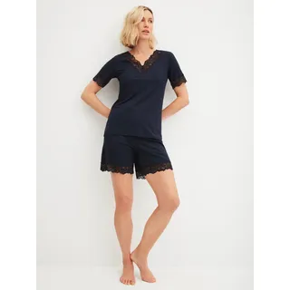 Shorty CALIDA "Elegant Dreams", Damen, Gr. S (40/42), schwarz lapis blau, Single Jersey, Obermaterial: 95% Modal (TENCELTM), 5% Elasthan, comfort fit kurz, V-Ausschnitt, Spitzenkante, Homewear-Sets Shorty, mit süßem Spitzenbesatz