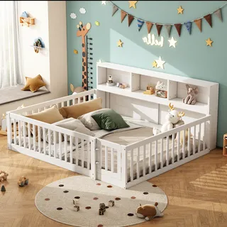 Kinderbett mit Lattenrost und Zaun, 140x200 cm, Jugendbett, Rausfallschutz, Stauraum, Kiefer - Weiß