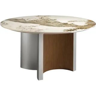 Angel Cerdá Runder Esstisch aus Porzellanmarmor, Nussbaum und silberfarbenem Holz 1148 - Weiß