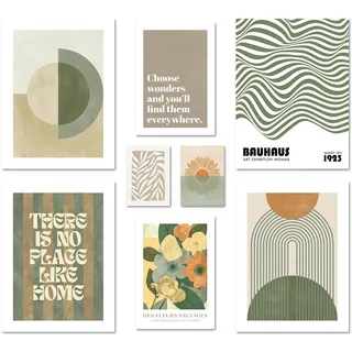 ARTFAVES® Poster Set - GREEN MID CENTURY - mehrteilige Wanddeko Wohnzimmer & Schlafzimmer - 8 moderne Wandbilder Abstrakte Formen, grün, beige - ohne Bilderrahmen