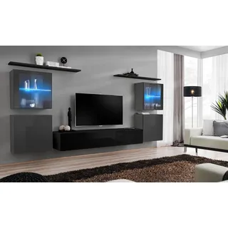 Modern Wand Schrank Wohnzimmer Wandregale Sideboard TV Ständer Designer Set 7tlg - Schwarz