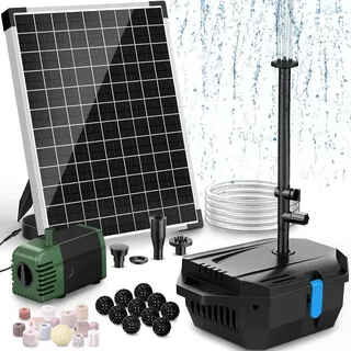 POPOSOAP 20 W Teichfilter Solar & Brunnenpumpenset – 1060 L/h Solar-Springbrunnen-Teichfiltersystem mit 4 Düsen & 2,0 m Schlauch, ultraleise für Gartenteiche und Wasserspiele