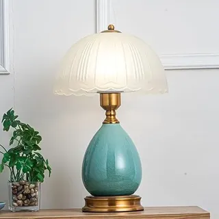 Mengjay Vintage Tischlampe, Keramik Basis in Türkis und Weiß, Acryl Lampenschirm, Antik Messing Finish, 40cm Höhe, E27 Fassung, für Wohnzimmer und Schlafzimmer (Stil.A)