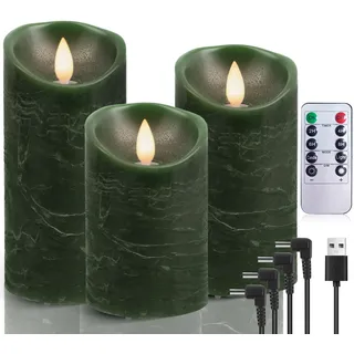 AiiBowy LED Kerzen Aufladbar Echtwachs 3er-Set mit timerfunktion, Flackernde Flamme, LED Kerzen Adventskranz, LED Stumpenkerzen Outdoor für Halloween Weihnachten Party Dekoration (Grün)