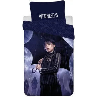 Jerry Fabrics Bettwäsche Wednesday Addams Rain, 100 % Baumwolle, Bettbezug Mittwoch, 140 x 200 cm + Kissenbezug, wendbar