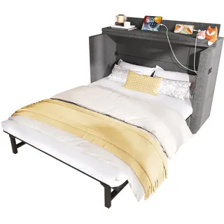 Stilvora Schrankbett 140/200 cm in Grau mit Schublade, USB und Type-C Leinen Design , Textil , 140x200 cm , Schlafzimmer, Betten, Gästebetten, Klappbetten