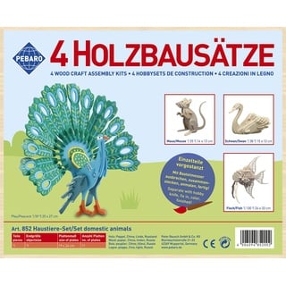 Pebaro 852 Holzbausatz Haustiere-Set, 4 Stück 3D Puzzles Tiere: Pfau, Maus, Schwan, Fisch, Basteln mit Holz, Holzpuzzle, vorgestanzte Holzplatten, ausbrechen, zusammenstecken, fertig, Geschenkidee