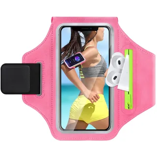 glasflength Brassard de sport universel pour téléphone portable - Avec poche pour écouteurs - Support pour téléphone portable - Pour iPhone 15/14/13/12/Samsung Galaxy S24/S23 Huawei Xiaomi (rouge rose