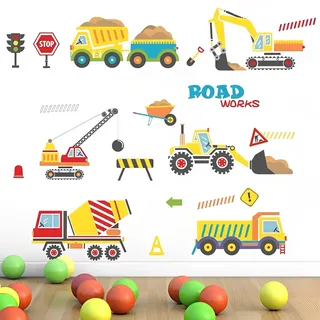 WandSticker4U®- XXL Wandtattoo Kinderzimmer Junge FAHRZEUGE I Wandbild: 150x58 cm I Wandsticker Kinderzimmer Auto Baustelle Bagger I Wandaufkleber Babyzimmer Wanddeko GROß