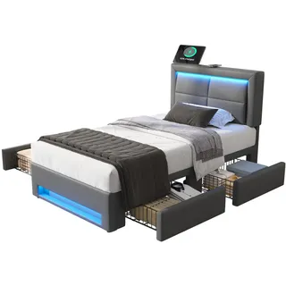 Flieks Polsterbett 90x200cm Grau PU Mit USB LED & 4 Schubladen , Leder , 90x200 cm , Schlafzimmer, Betten, Polsterbetten