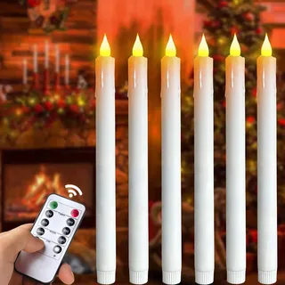 Meision LED Stabkerzen, LED Kerzen mit Timerfunktion & Fernbedienung, 6 Stück Flammenlose Weiß Kerzen, 3D Dimmbar LED Kerzen Flackernde Flamme, Batteriebetrieben Kerzen für party, Haus Deko