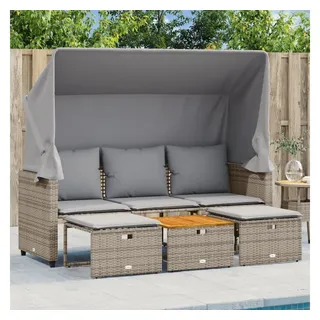 vidaXL Outdoor-Sofa 3-Sitzer mit Dach und Hockern Grau Poly Rattan