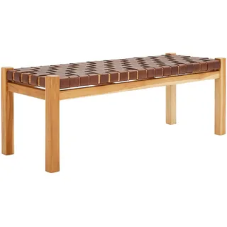Mid.you Hockerbank , Cognac , Holz, Leder , Echtleder , Teakholz , massiv , 120x45x43 cm , Wohnzimmer, Sessel, Hocker & Hockerbänke, Hockerbänke