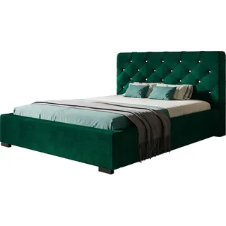 Polsterbett Boston mit Kopfteil, 180x200 cm, Doppelbett mit Bettkasten und Lattenrost aus Holz, Velourstoff, Farbe: Grün - Grün