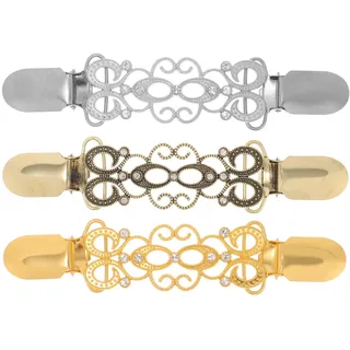 VALICLUD Damen Cardigan Clips Set 3 Stück Legierung Mit Diamantbesatz Strickjacken Verbindungsklammern Kragen Clips Für Pullover Und Jacken Gold Silber Bronze