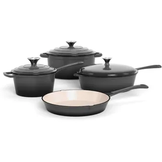 Kitchen Academy, Gusseisen Topf, 7-teiliges Set mit Dutch Ovens Grau | Emailliertes Gusseisen-Kochgeschirr, Soßenpfanne, Pfanne, 3 Deckeln, Dutch Oven Set, Töpfe und Pfannen Set Antihaft