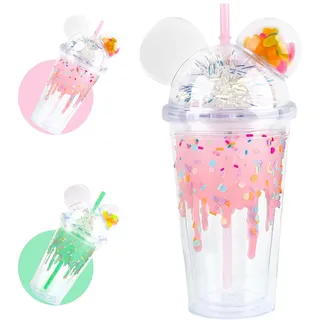 SilverChry Trinkbecher mit Strohhalm und Deckel 450ml, Eiskaffee Becher, Trinkbecher Doppelwandige Niedliche - Bär Eiscreme Design, Bubble Tea Becher, Matcha Gläser Reisebecher Schnabeltasse
