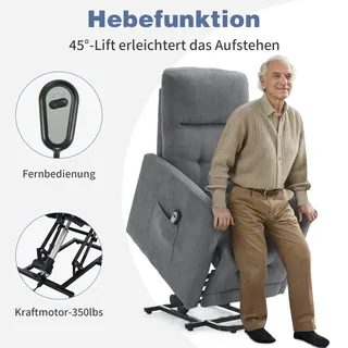FCH Elektrisch Aufstehhilfe Relaxsessel Massagesessel , Fernsehsessel mit Liegefunktion, 1 Seitentasc, Liegen TV Sessel , 74 x 66 x 102cm, Grau - Grau