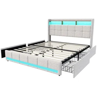Funktionsbett Polsterbett 140x190 cm, mit USB-Laden & Stauraum, Beige , Holz , 140x190 cm , Schlafzimmer, Betten, Polsterbetten