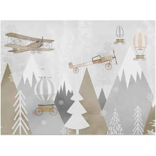Muralo Fototapete für Kinderzimmer Flugzeuge Bergen Bäume 250x175 , Braun, Beige, Grau , Papier , Märchen/ Fantasie, Fahrzeuge , Rechteckig , 250x175 cm , Tapeten & Wandverkleidungen, Fototapeten