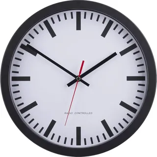 Eurotime Bahnhofsuhr Wanduhr Schwarz 30 cm - Funkwanduhr mit Echtglas | automatische Zeitumstellung, klares Zifferblatt, rote Sekunde, für Küche, Büro, Werkstatt