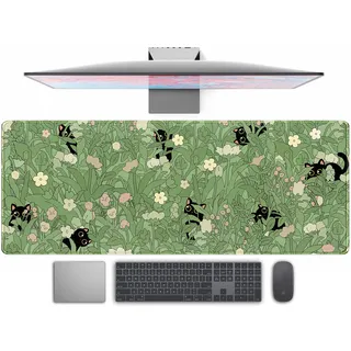 XL-Mauspad mit niedlichen grünen Blättern und pinken Blumen, Kawaii-Anime-Katzen-Design, große Schreibtischunterlage als Schreibtischschutz und Dekoration, Gaming-Mauspad für Mädchen und Damen, 80 ×
